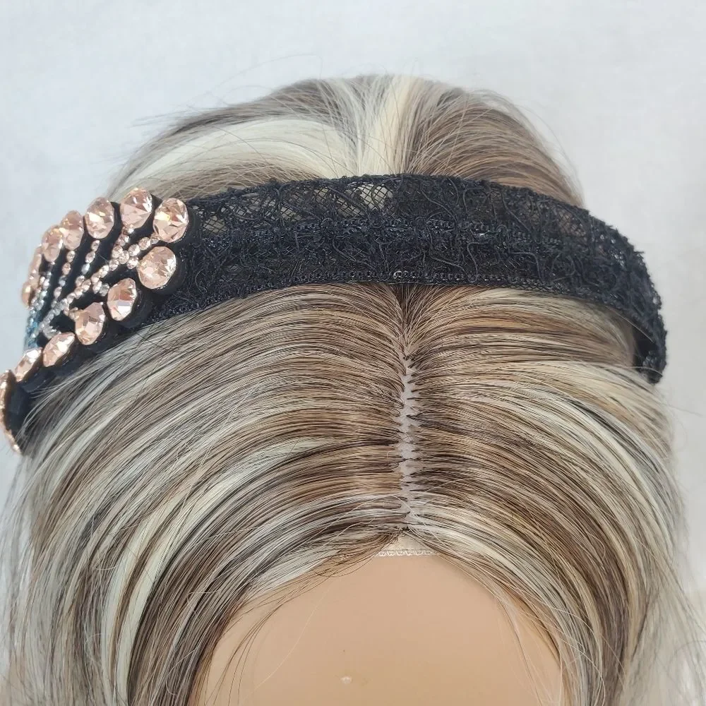 Blue Gold Crystals Leaf Black Lace Hair Band